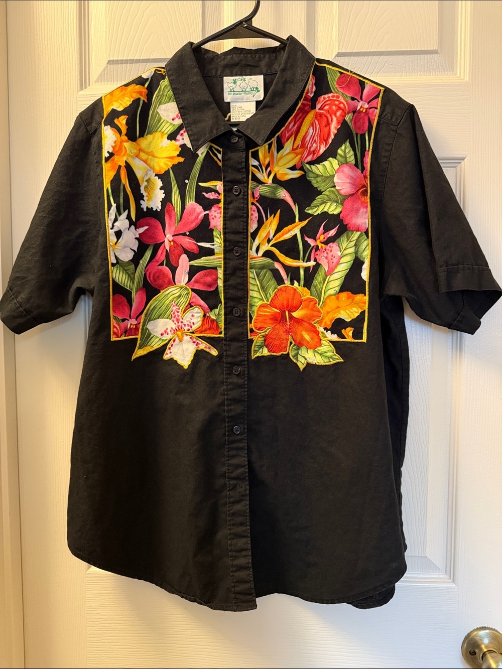 Quacker Factory Black Button-Front Shirt with Tropical Floral Yoke